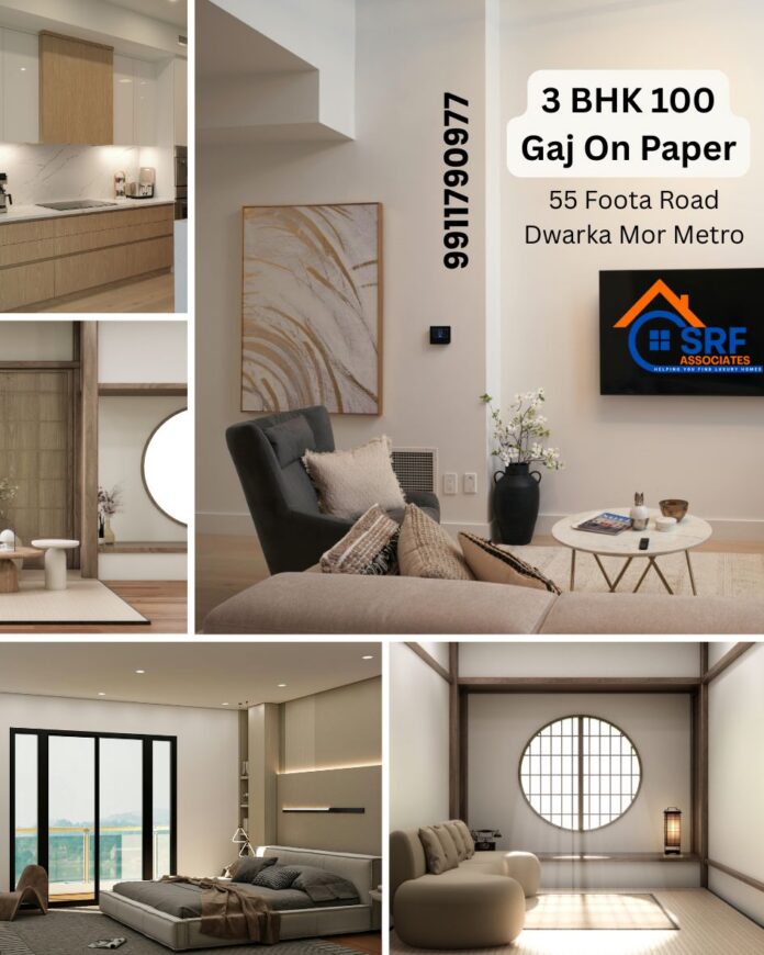 Luxury 3 BHK flat for sale in Dwarka Mor Delhi, 100 gaj property with proper registry, metro connectivity, modern interiors, road-facing location, and nearby Vegas Mall, ISKCON Temple, hospitals, and parks.